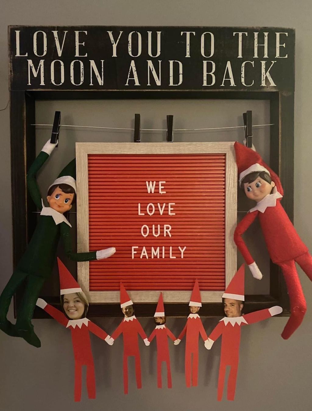 love you to the moon and back sign with elf family