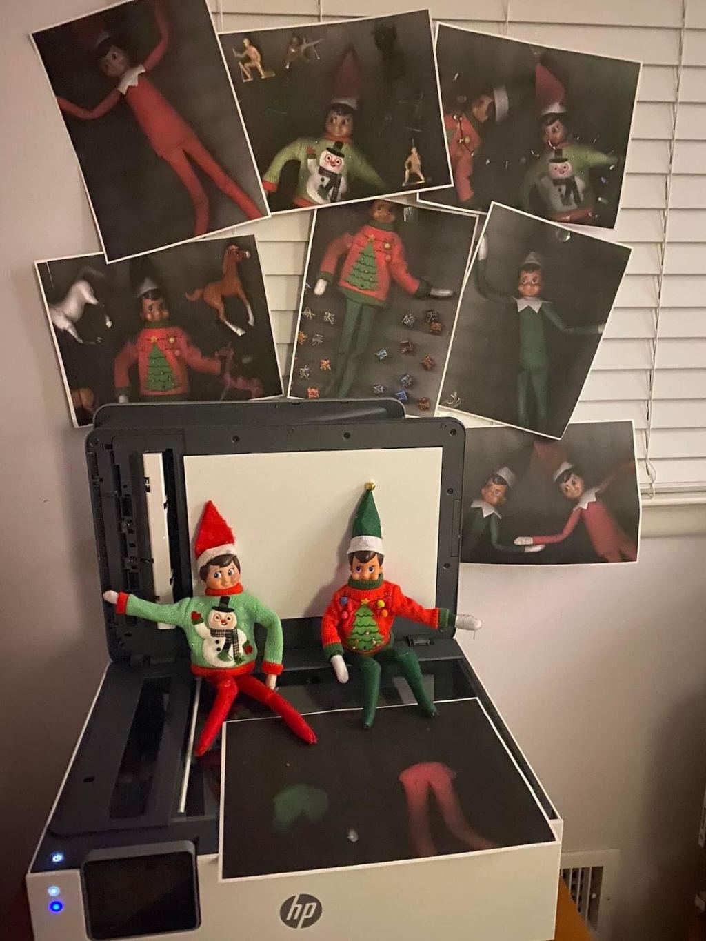 two elf on the shelf with scanned selfie pictures hanging on fall