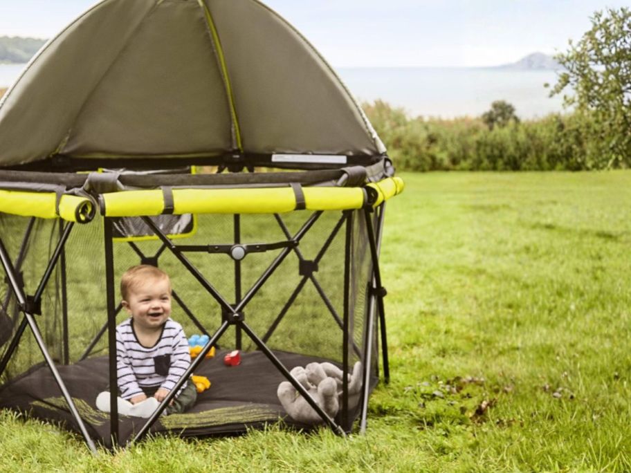 evenflo playard on lawn