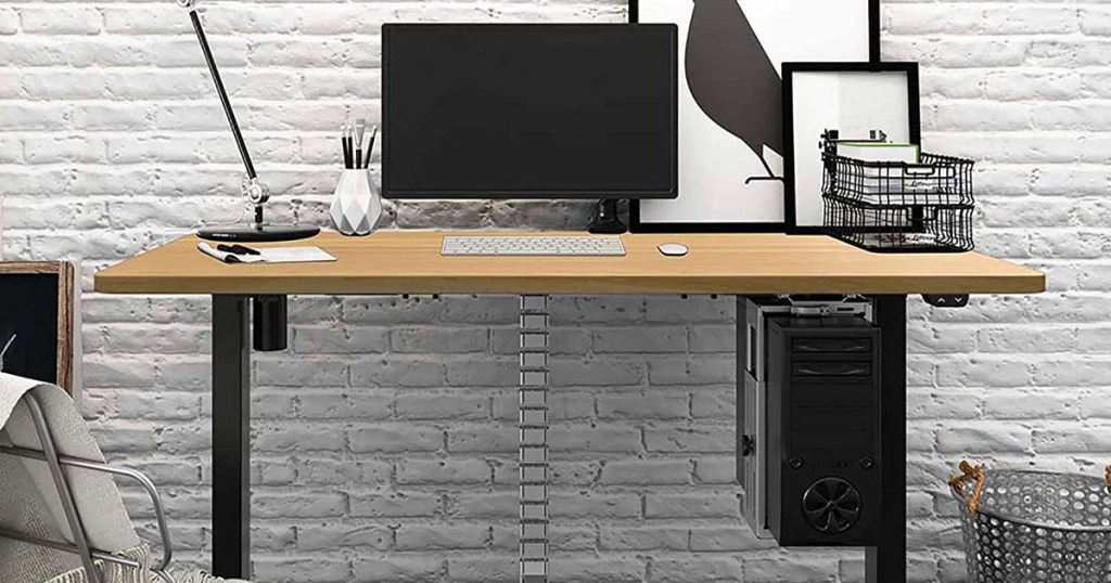 flexispot adjustable desk with pine top and black bottom