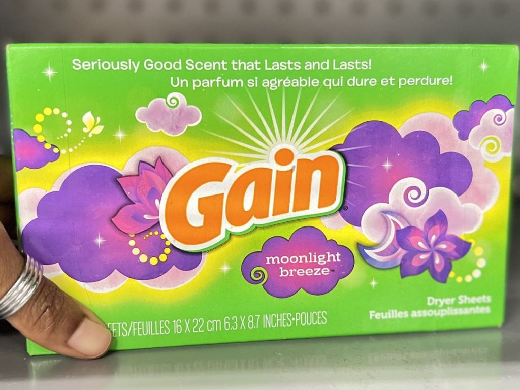 Close up view of a 240 count box of Gain Moonlight Breeze Dryer Sheets