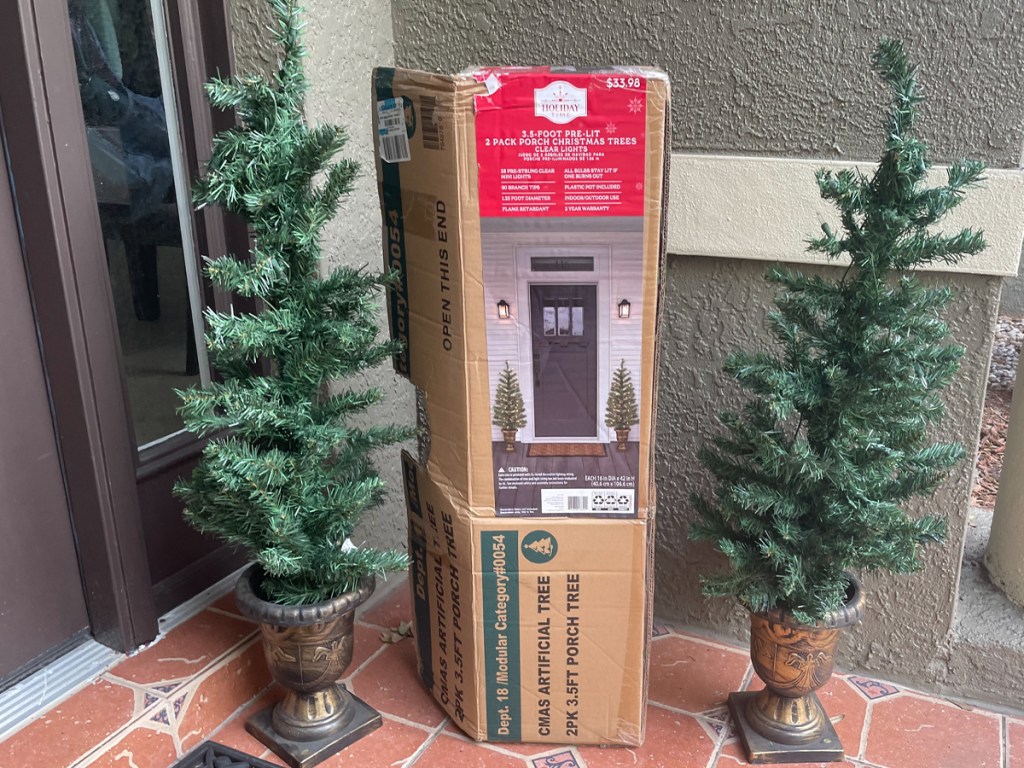 holiday time christmas tree 2 pack on porch