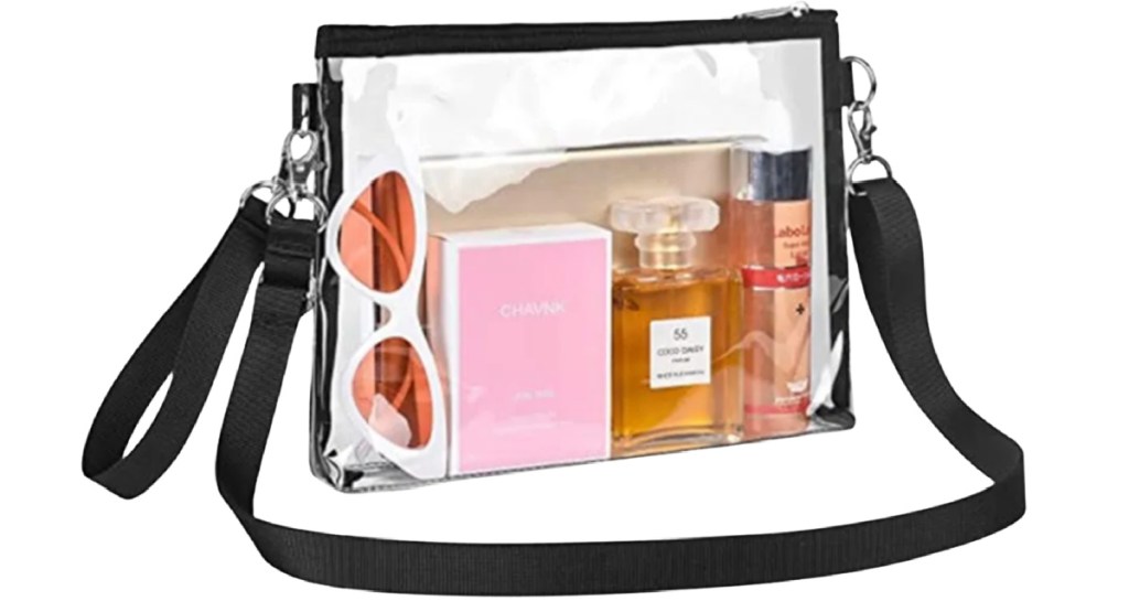see through bag with sunglasses and makeup in it
