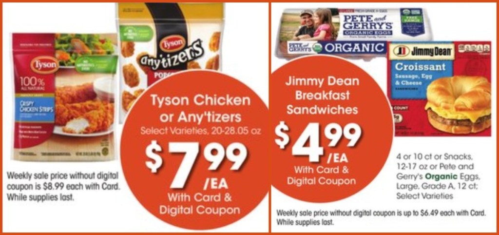 frozen chicken and breakfast sandwiches in a grocery ad