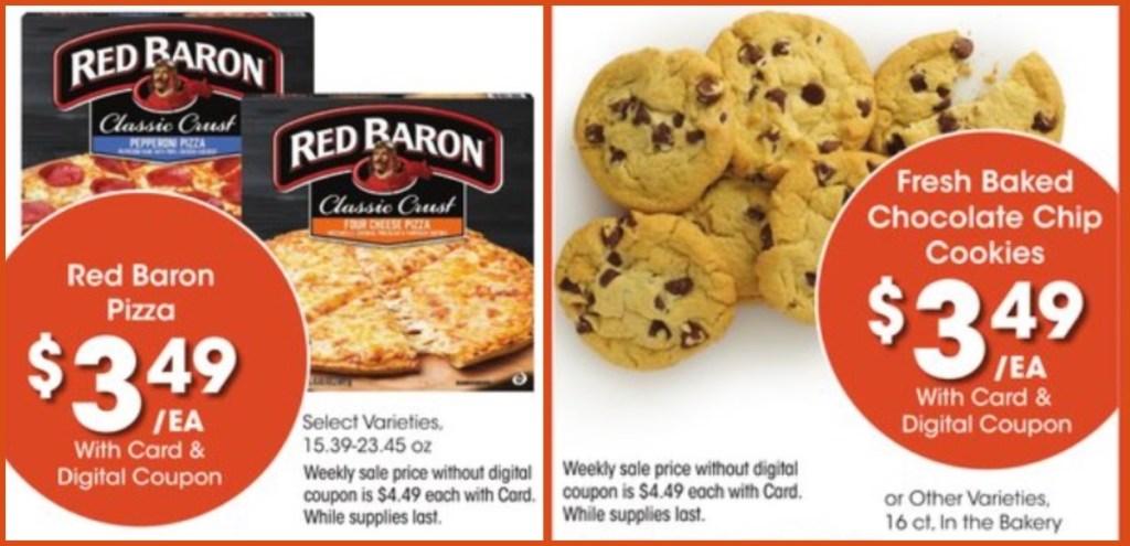 frozen pizza & cookies in a grocery store ad