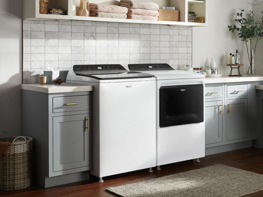 white washer and dryer in laundry room