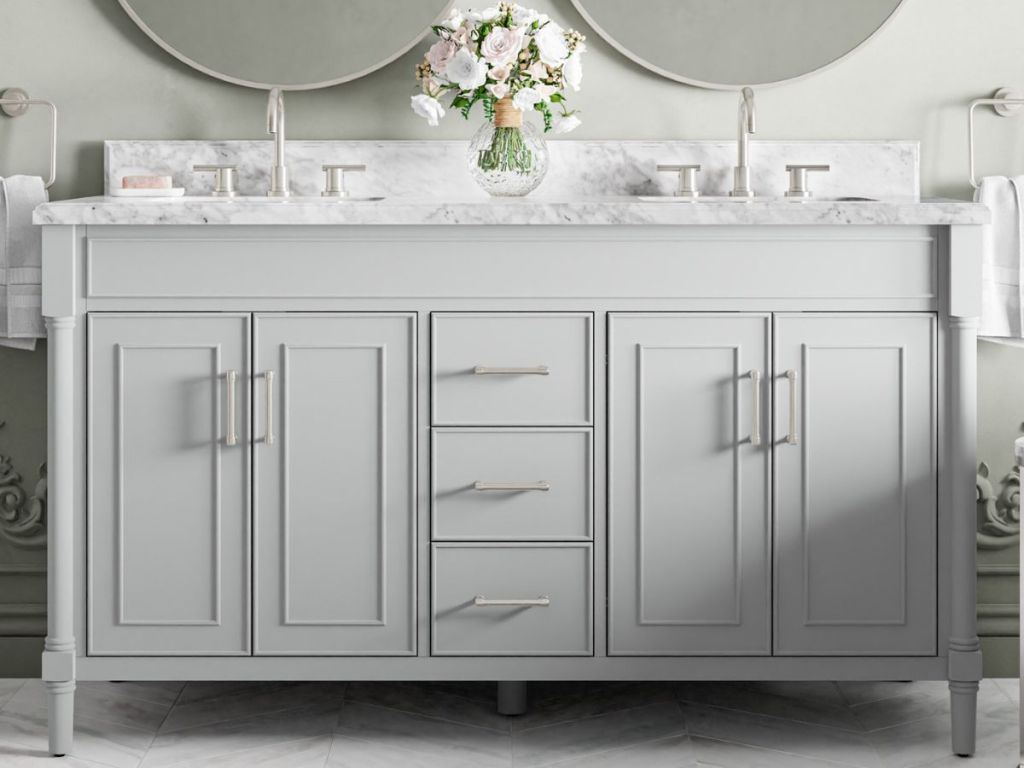 white double sink bathroom vanity with marble top
