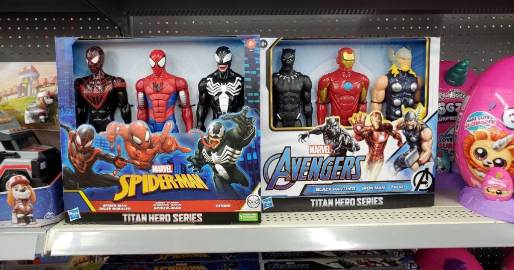 marvel titan hero series action figures in packaging on a walmart shelf