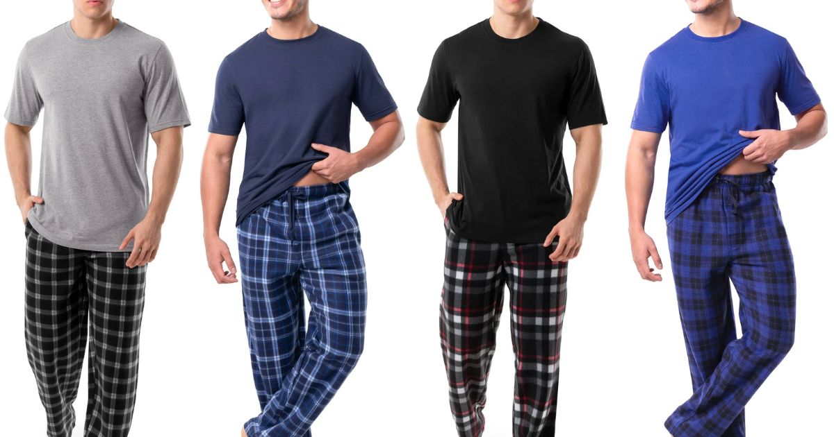 4 models models wearing mens fruit of the loom pajama sets stock image