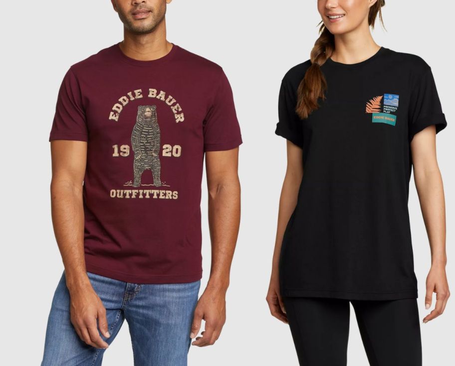 a man and a women wearing eddie bauer tees