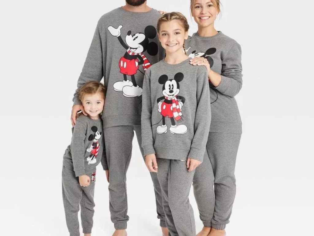 family wearing mickey matching fleece