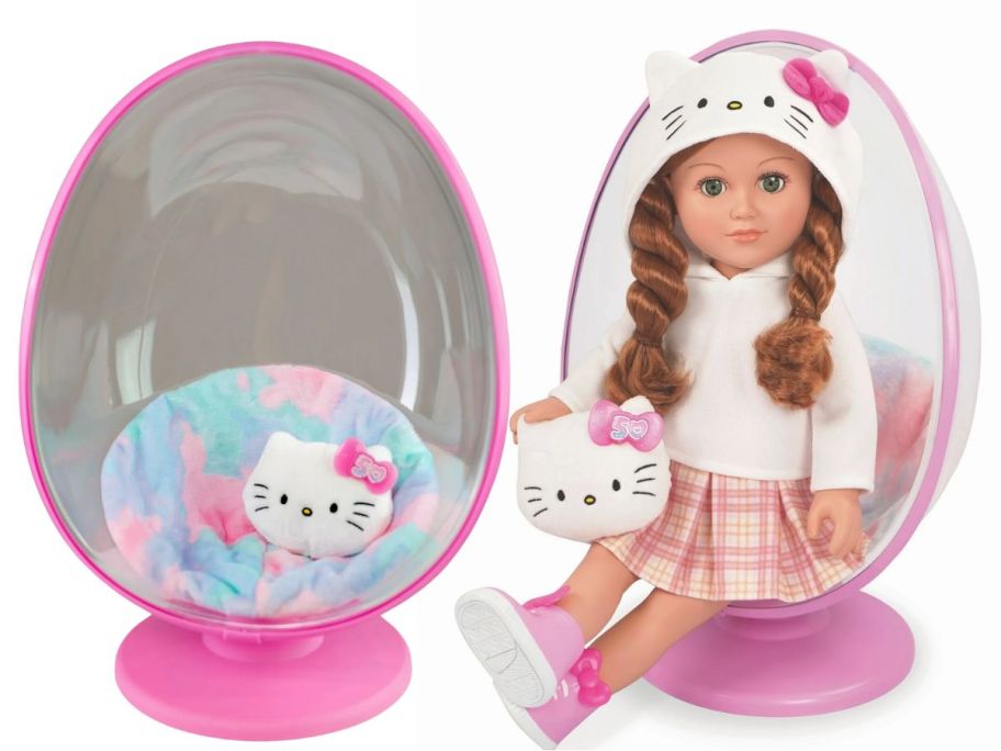 an empty doll size egg chair next to a doll size egg chair with a doll seated in it