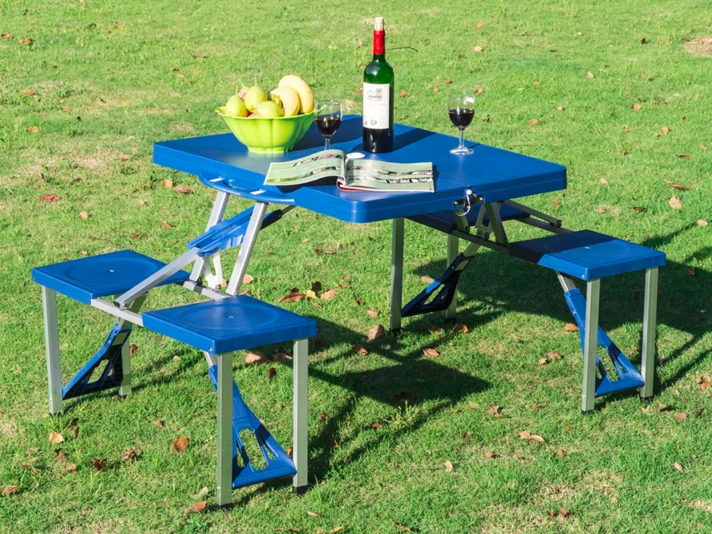 blue aluminum picnic table