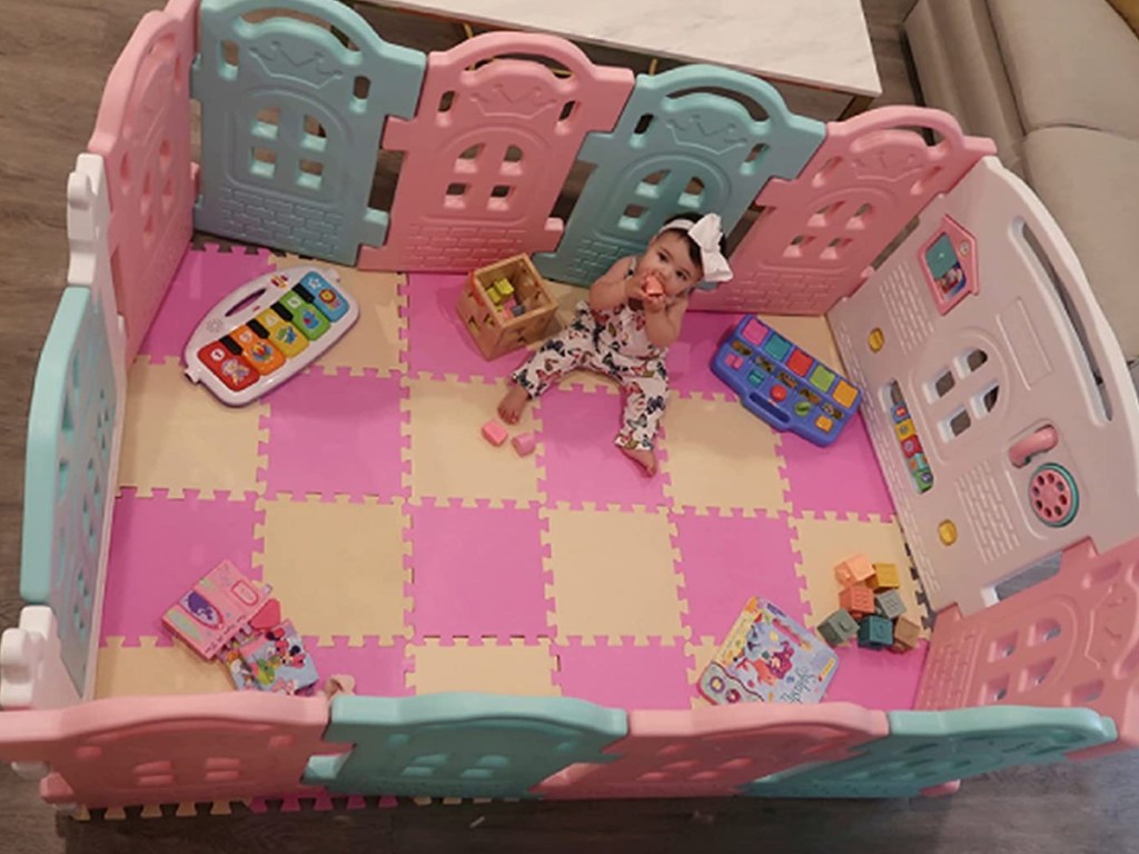 pink and blue play pen