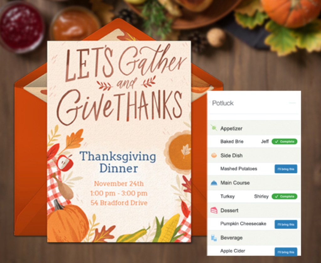 thanksgiving invitation with screenshot of potluck list