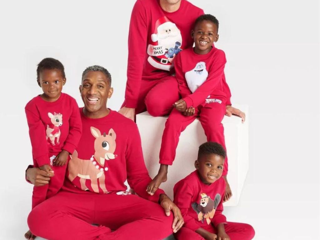 family wearing matching Rudolph fleece