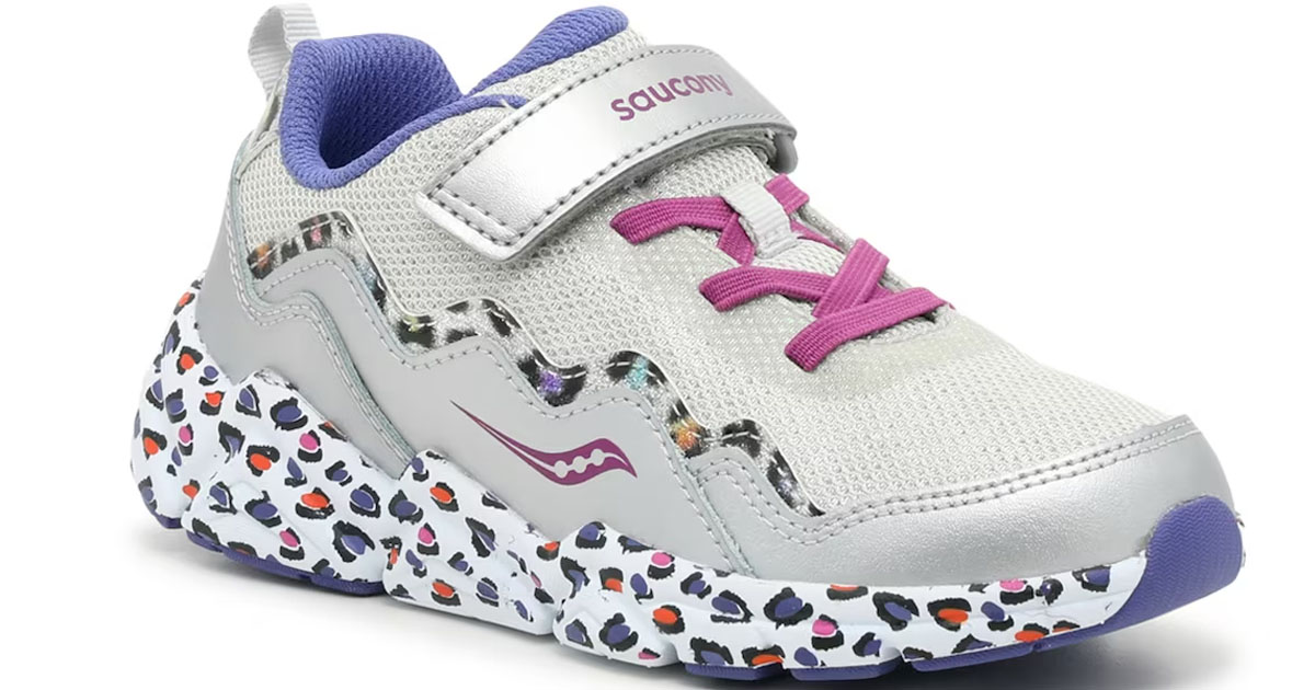 gray, purple and pink kids saucony shoes