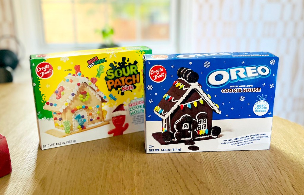 sour patch kids and oreo cookie gingerbread houses