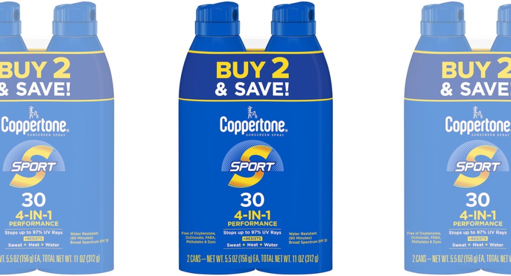 three stock images of Coppertone SPORT SPF 30 Sunscreen Spray 2 Pack
