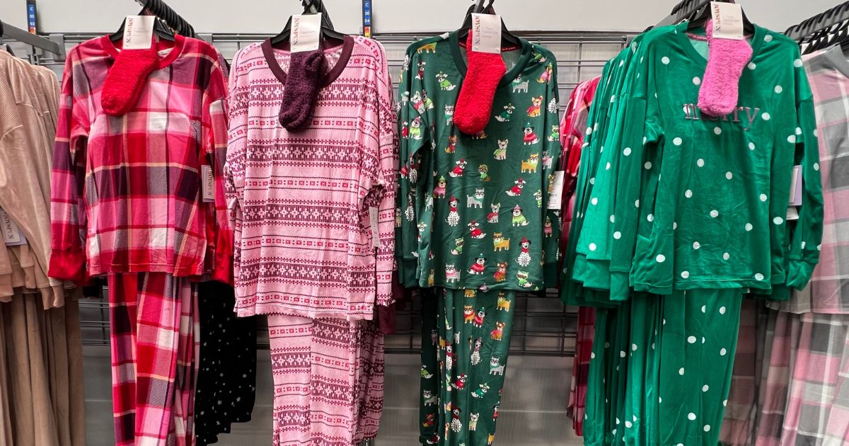 women's Christmas pajamas hanging in store