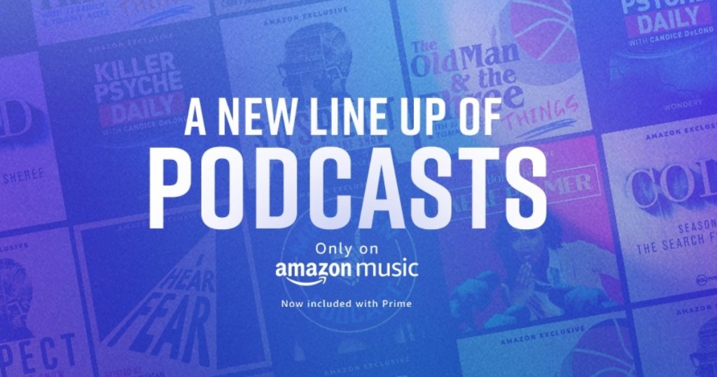 blue graphic with white letters reading, "A new line up of podcasts"