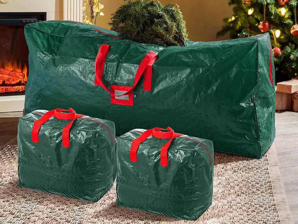 green christmas tree storage bag and 2 garland storage bags