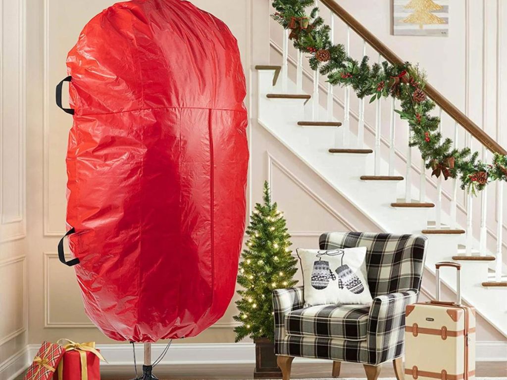 red standing Christmas tree storage bag
