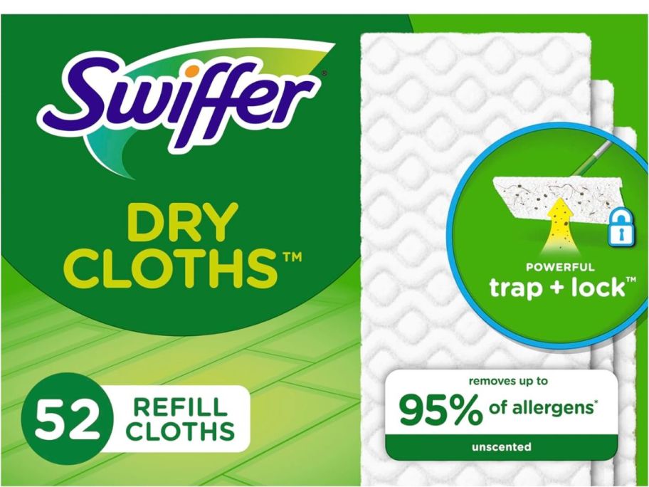 green cover of a box of Swiffer Dry Mop Refills Unscented 52-Count