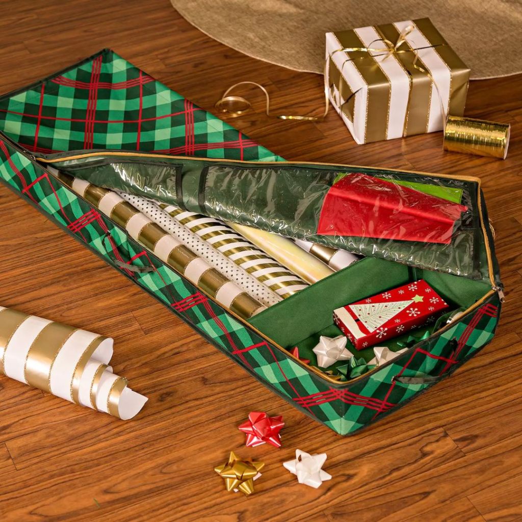 Honey-Can-Do Plaid Gift Wrap Organizer with gift wrap items inside and outside