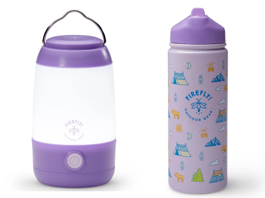 purple and white kid's outdoor lantern and purple kid's stainless steel water bottle