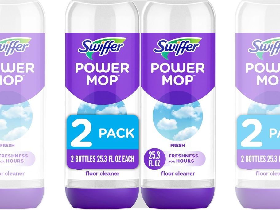 2 bottles of Swiffer PowerMop Floor Cleaning Solution with additional bottles slightly transparent on each side