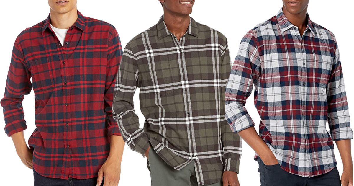 3 males models wearing Amazon Essentials mens plaid flannel shirts 