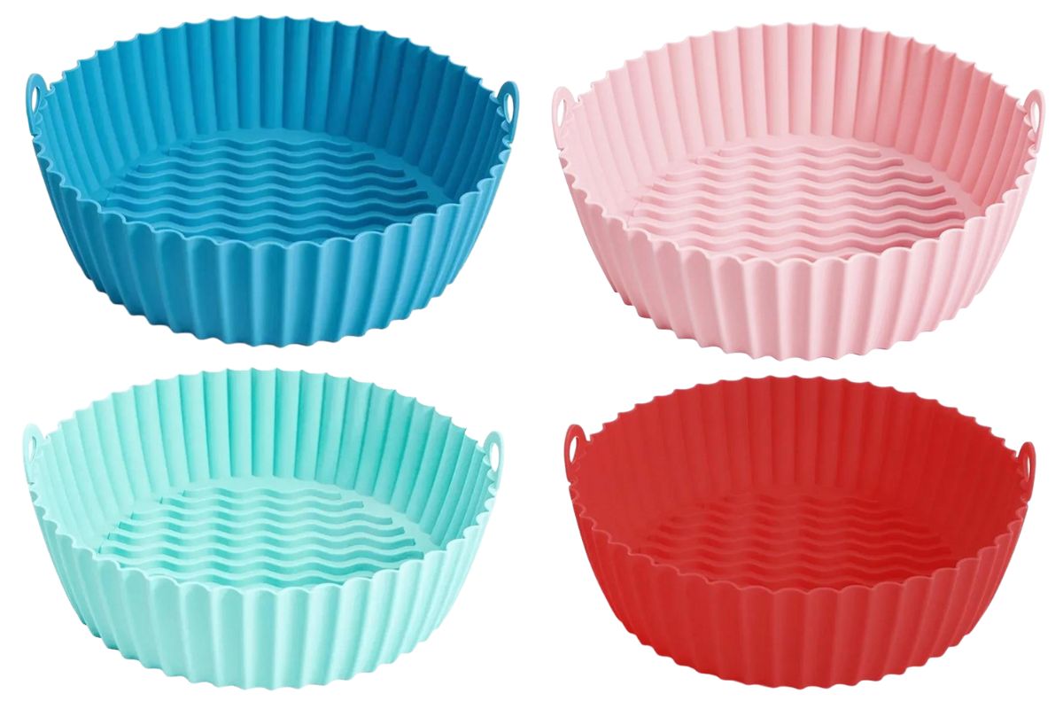 Reusable air fryer trays from Jane.com in red blue mint and pink