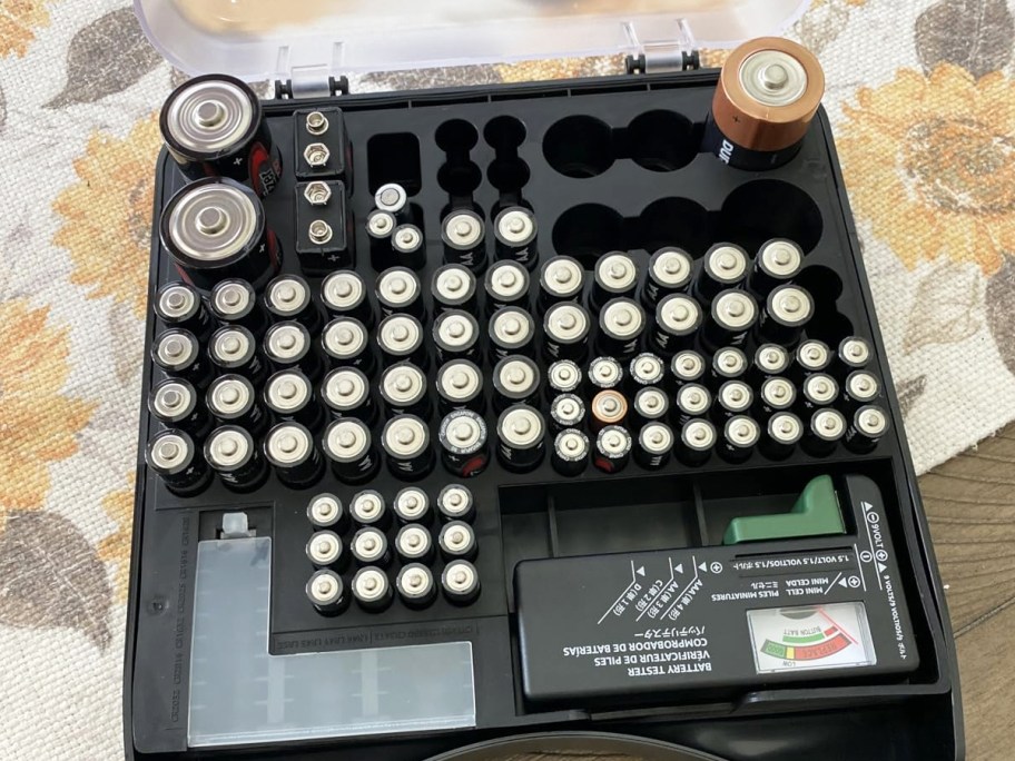 black battery organizer case filled with various batteries