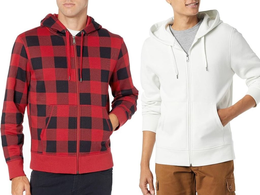 Stock images of 2 men wearing Amazon Essentials Hoodie