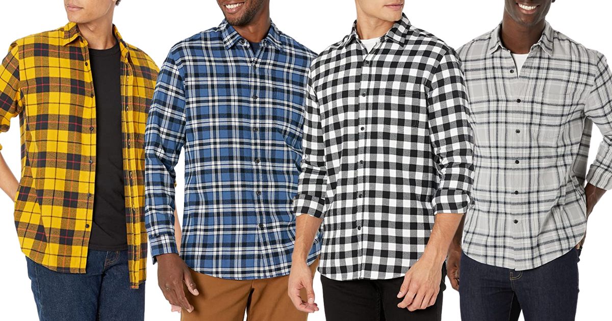4 male models wearing amazon essentials plaid flannel shirts