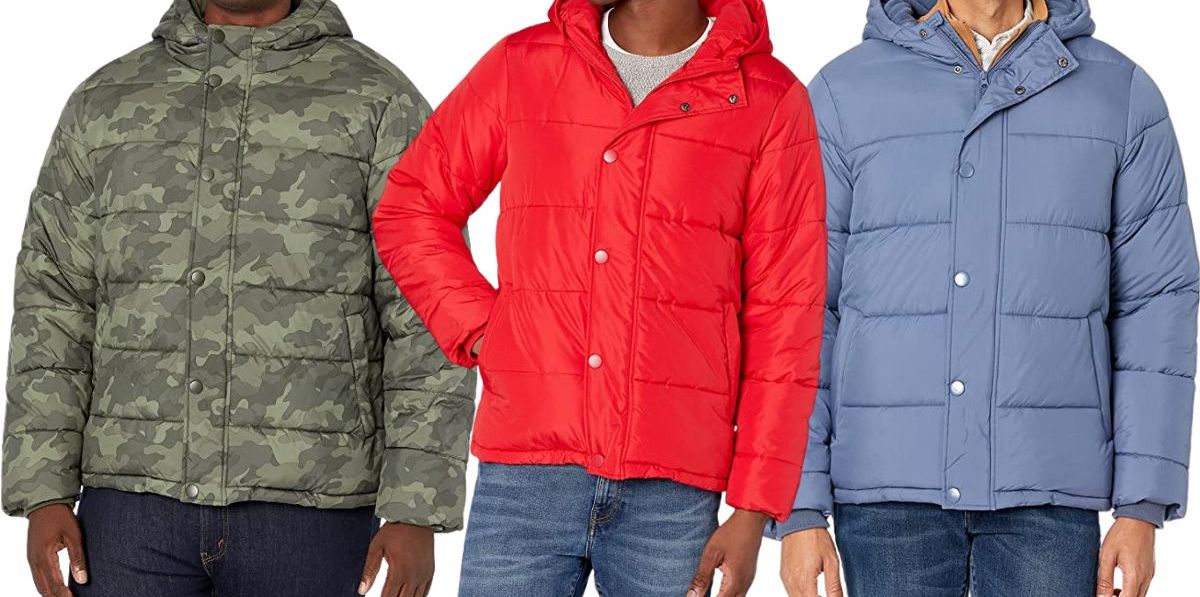 Amazon Essentials mens hooded jackets in camo, red, and indigo