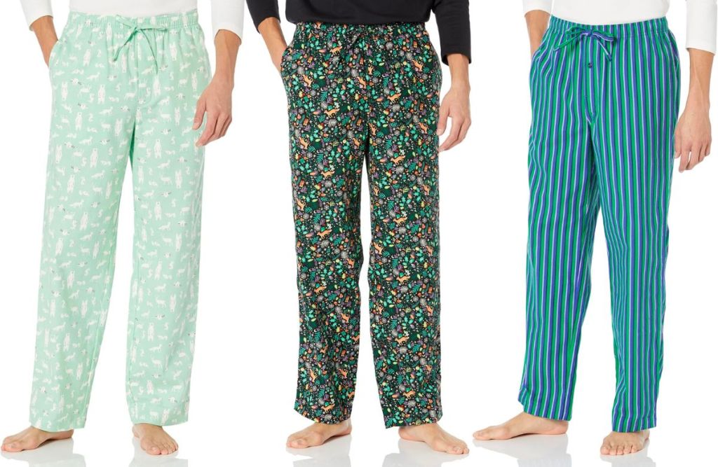 3 models wearing Amazon mens flannel pajama pants and t-shirts stock image