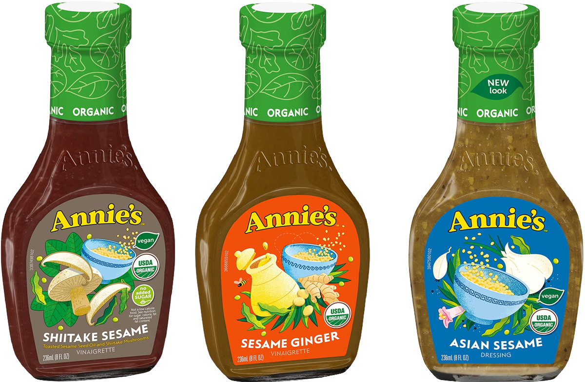 three flavors of Annie's Organic salad dressings 