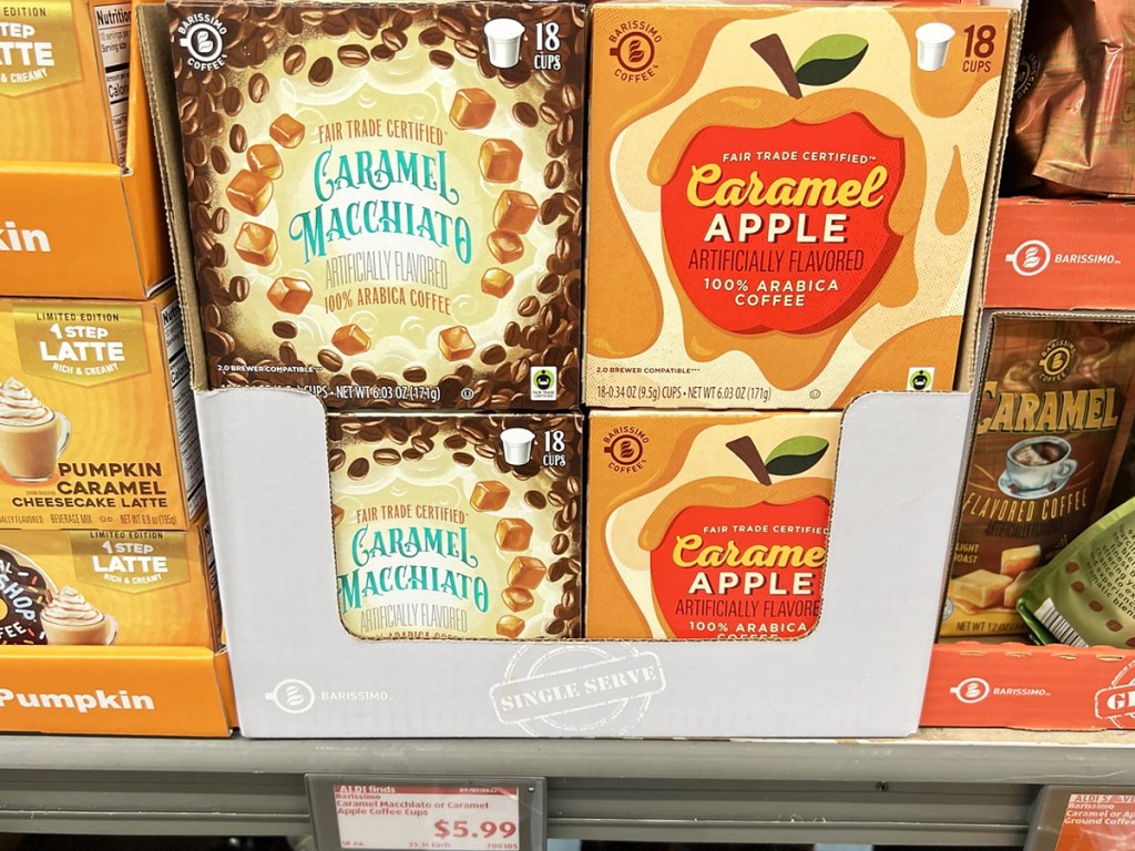 Barissimo Caramel Macchiato or Caramel Apple K-Cups on store shelf