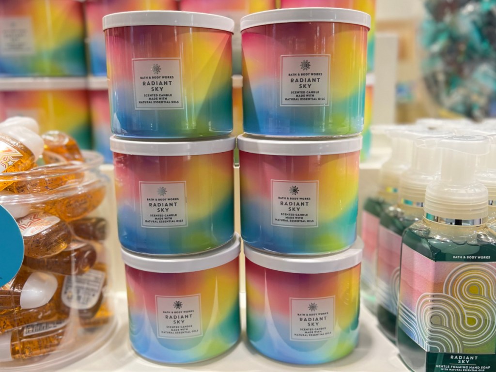 stacks of Bath & Body Works Radiant Sky Candle in store display
