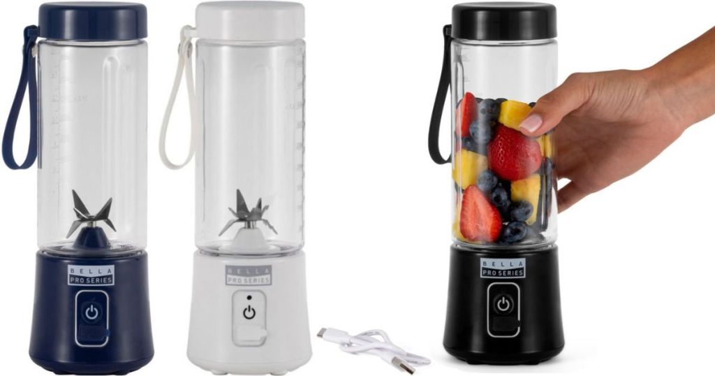 Three Bella Pro Series Personal Blnders in blue, white or black with a female hand grabbing that black blender that is filled with fruit and has a USB cable next to it.