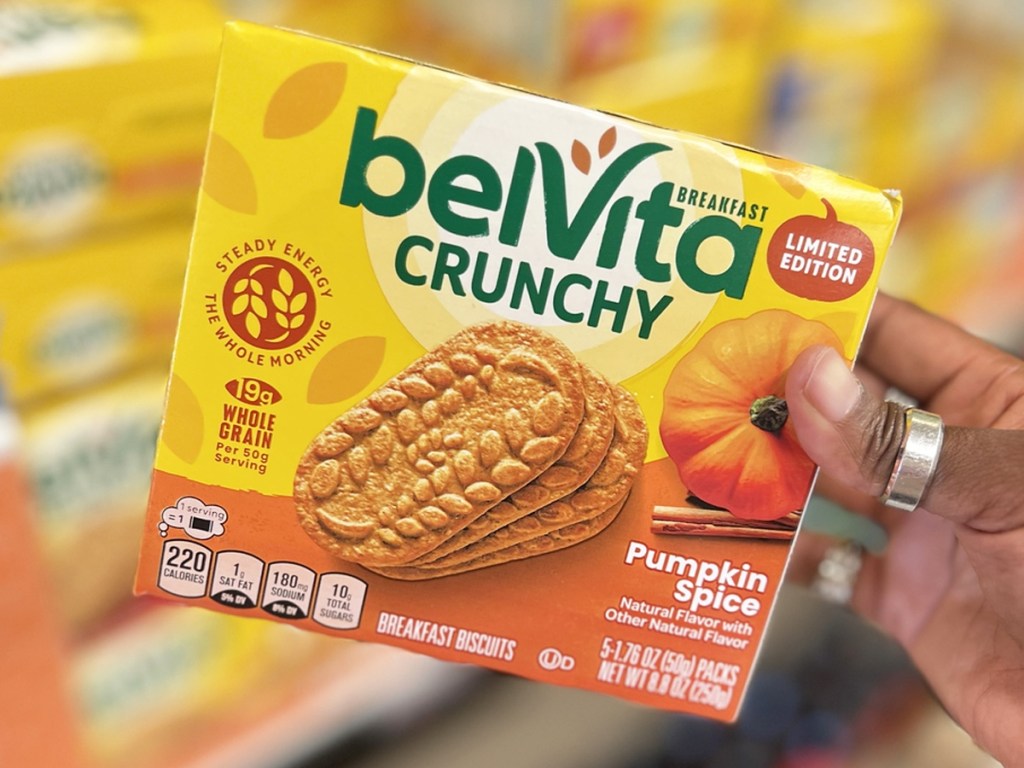 hand holding box of Belvita Pumpkin Spice Breakfast Biscuits