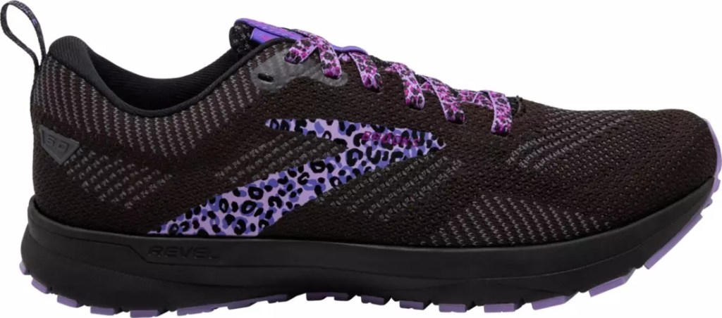 Black running shoe with the logo in a purple cheetah print