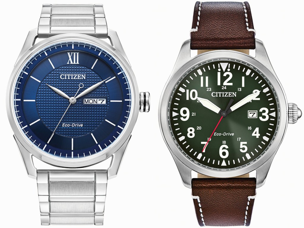 silver watch with blue face and brown leather watch with green face