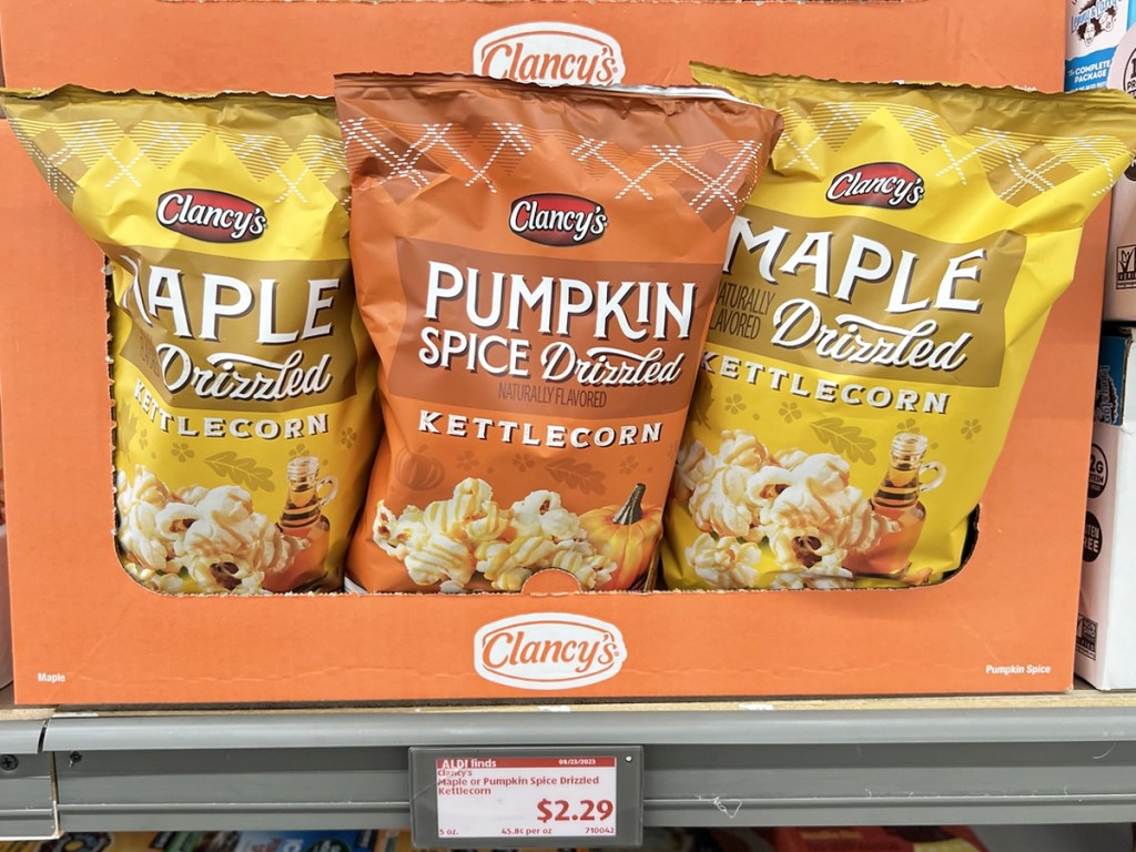 bags of Clancy's Maple or Pumpkin Spice Drizzled Kettlecorn on store shelf