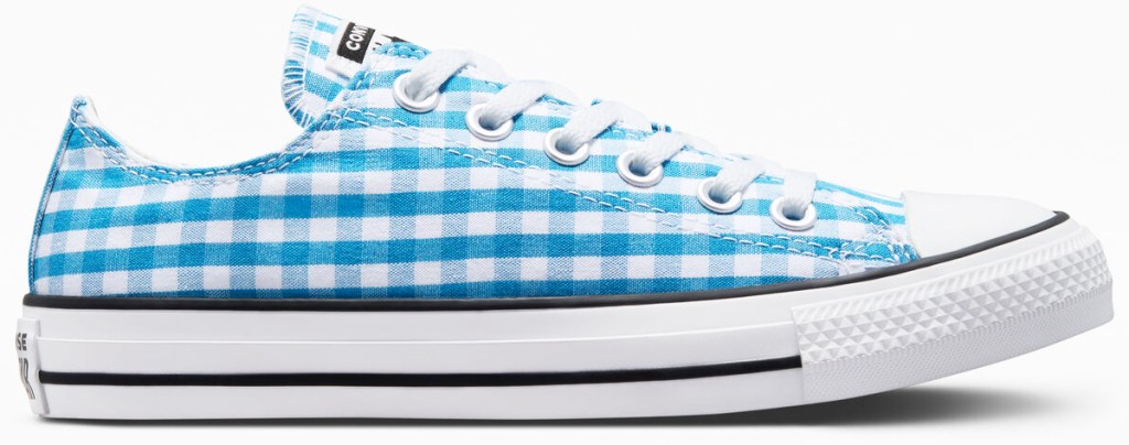 blue and white gingham print converse shoe