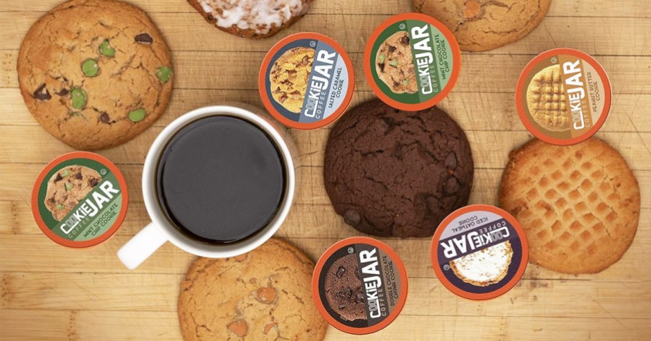cookies and coffee k-cups on wood cutting board