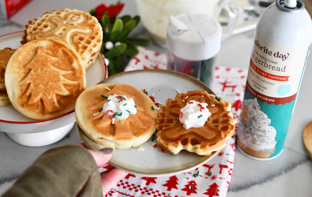 christmas waffles with whipped cream on top