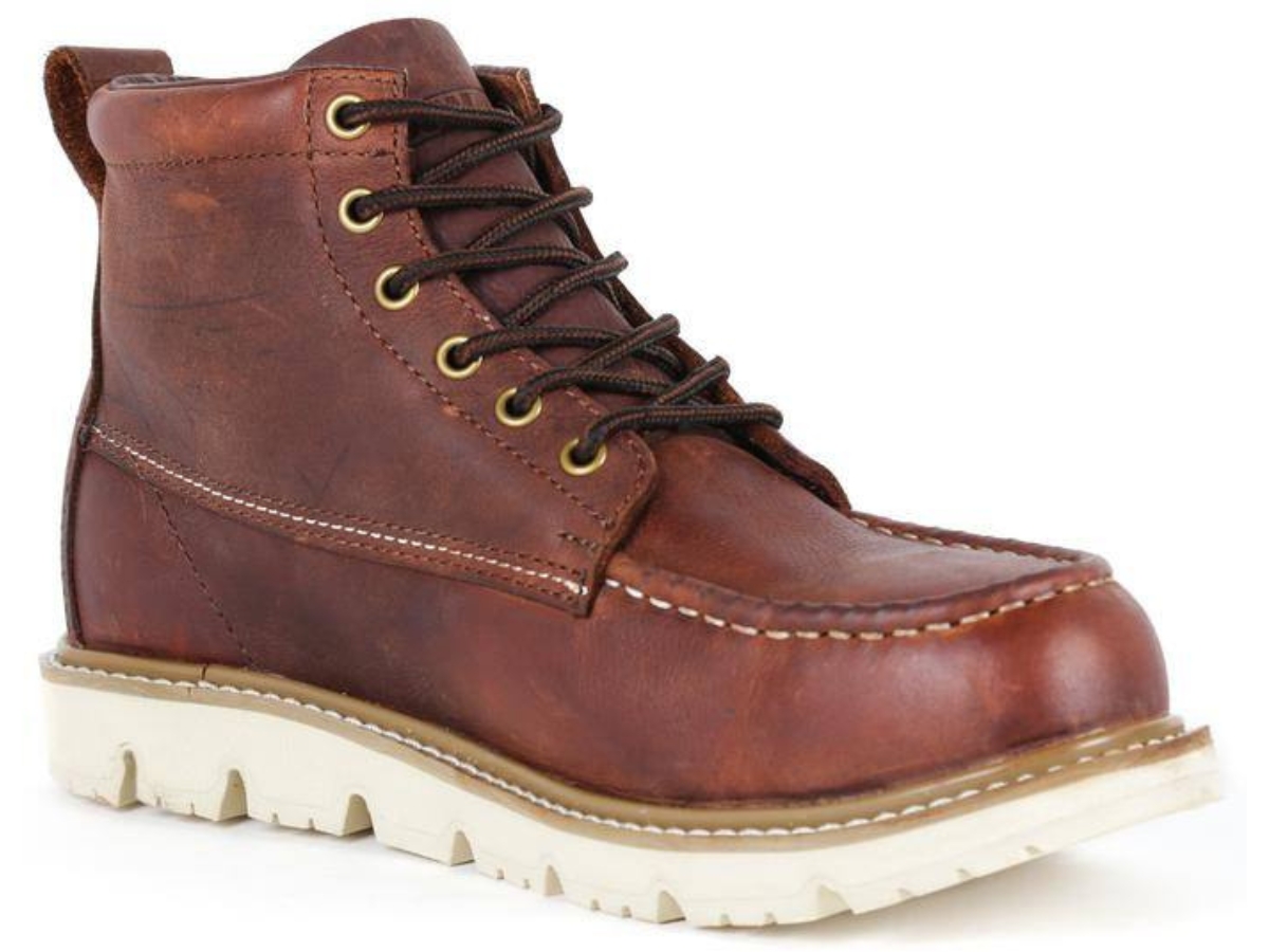 brown men's work boot with tan sole